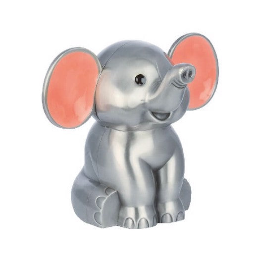 Elefant sparebøsse fra Nordahl Andersen, fortinnet med lyserøde øre, 12,5 x 13 cm